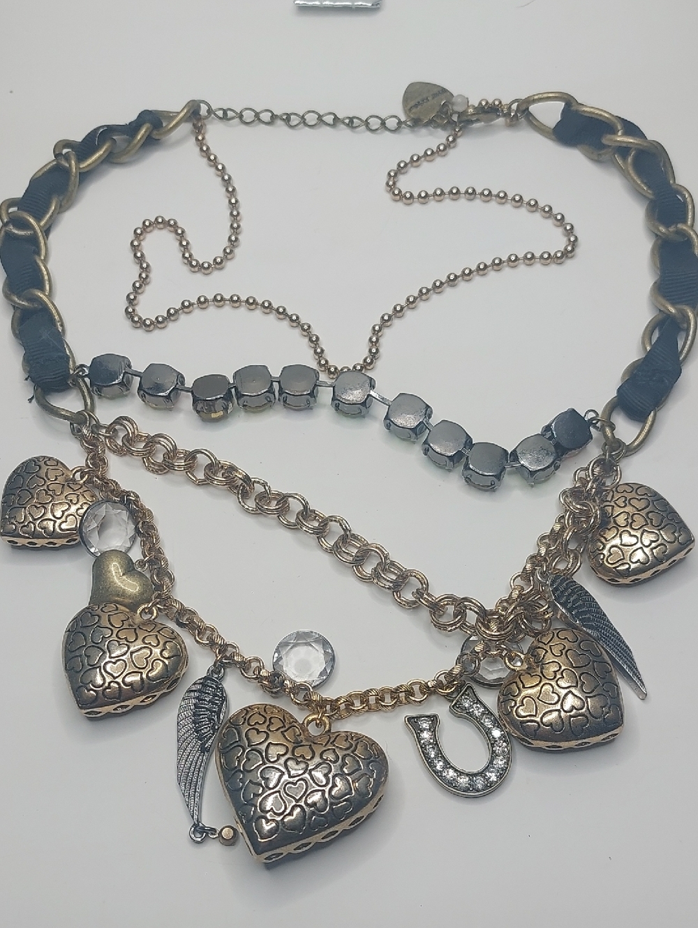 Betsey Johnson Leopard Lucite Puffy Heart Charm 4 Tiered Statement Necklace - Picture 9 of 16